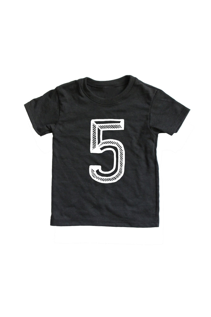 Black tee screen printed with white number 5.