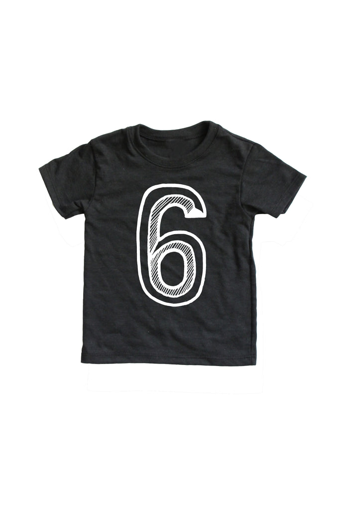 Black tee screen printed with white number 6.