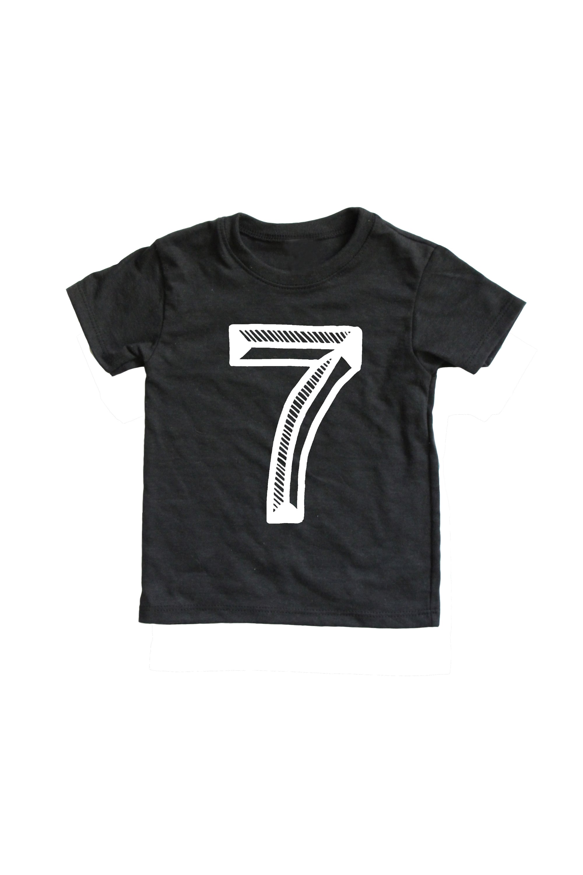 Black tee screen printed with white number 7.