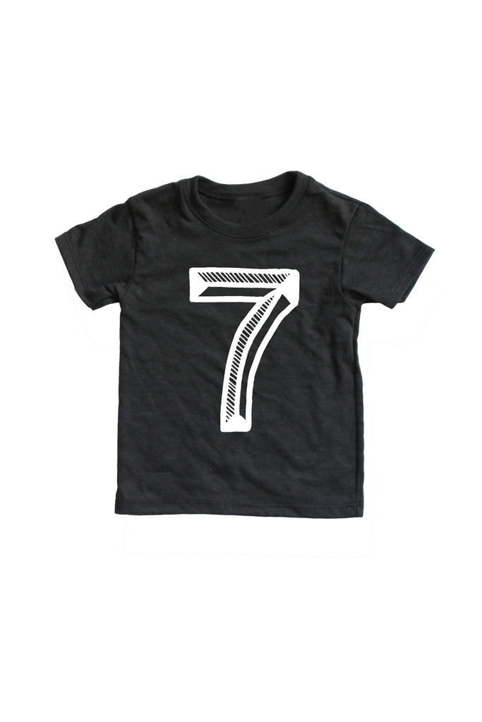 Black tee screen printed with white number 7.