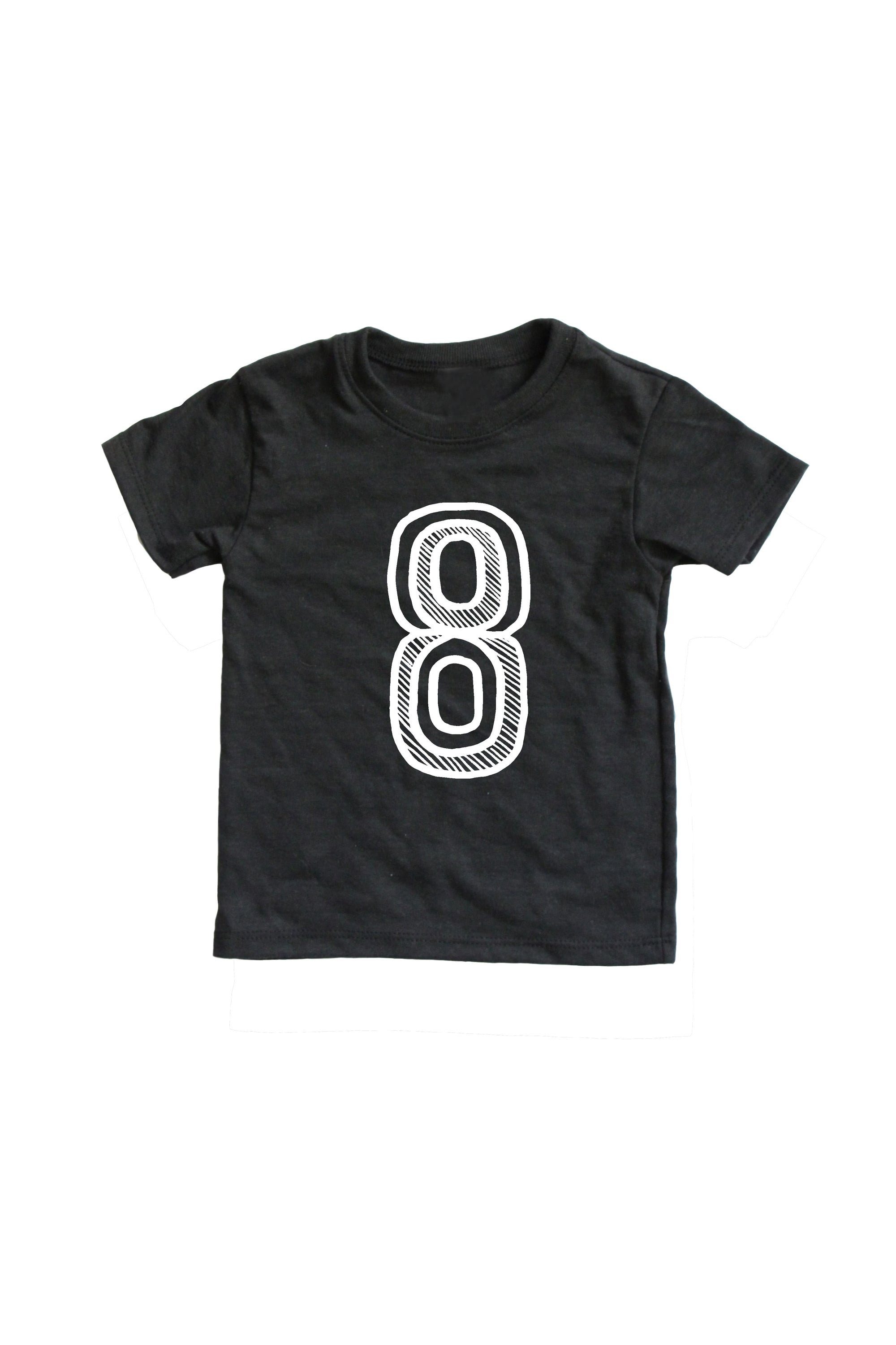 Black tee screen printed with white number 8.