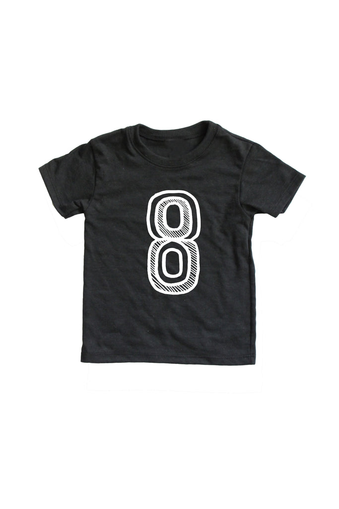 Black tee screen printed with white number 8.