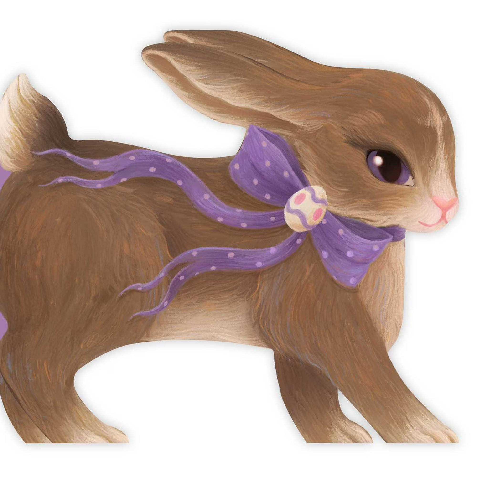 Illustration of a brown rabbit with a purple bow on a white background