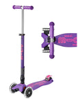 Purple and pink three wheeled scooter with telescoping handlebars with light up wheels. 