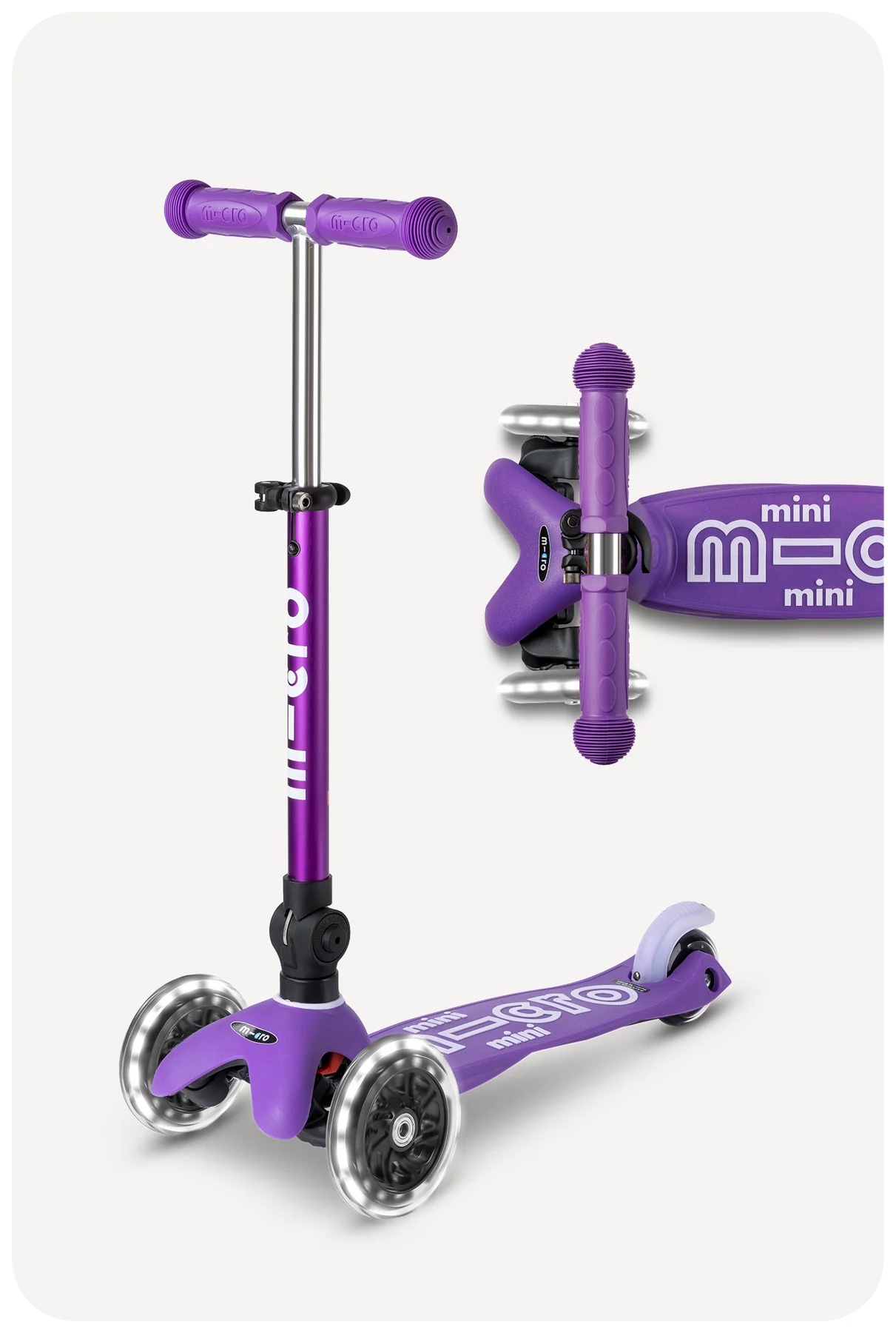 Purple and white foldable  three wheeled scooter with telescoping handlebars with light up wheels.