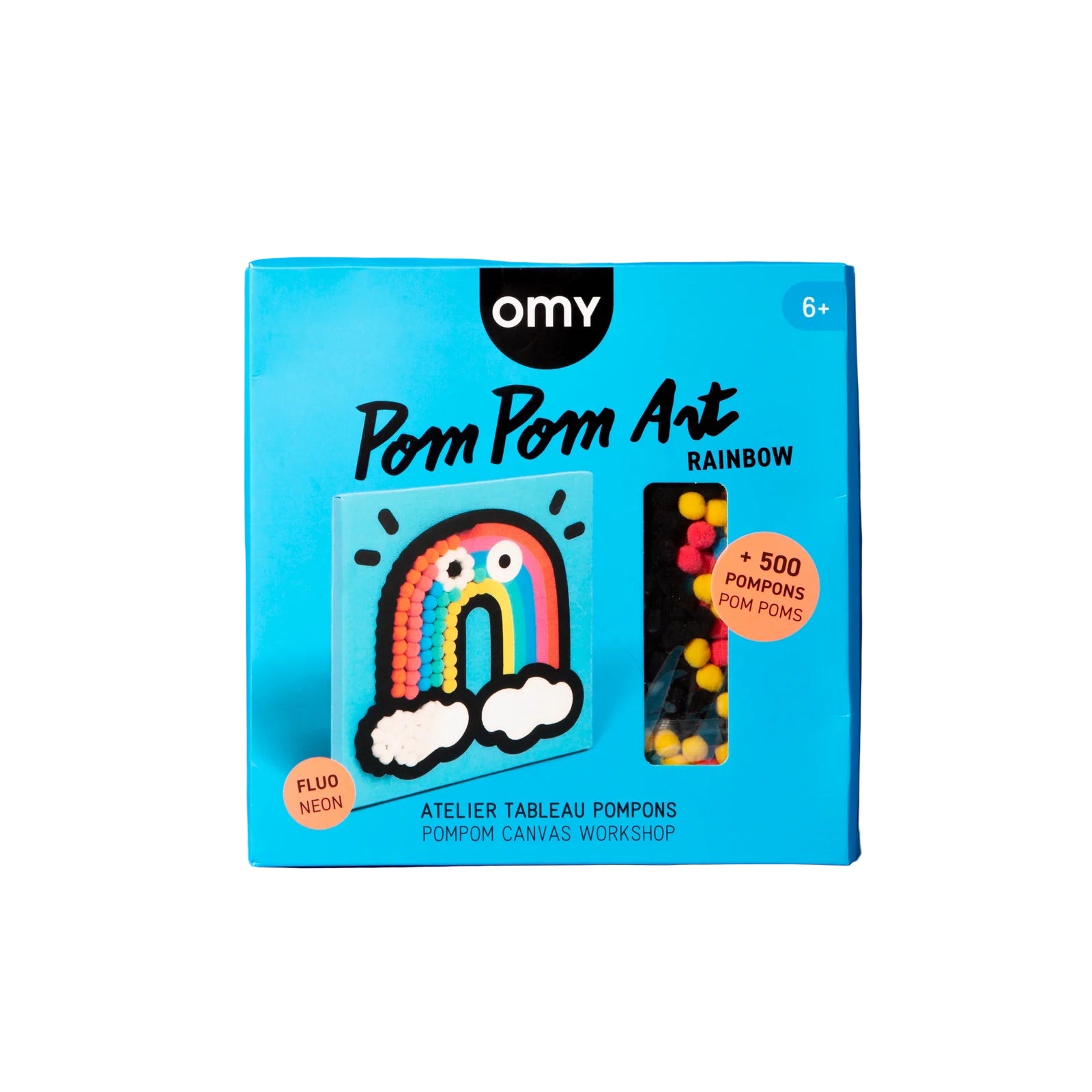 Pom Pom Art Rainbow kit packaging with OMY branding on a blue background