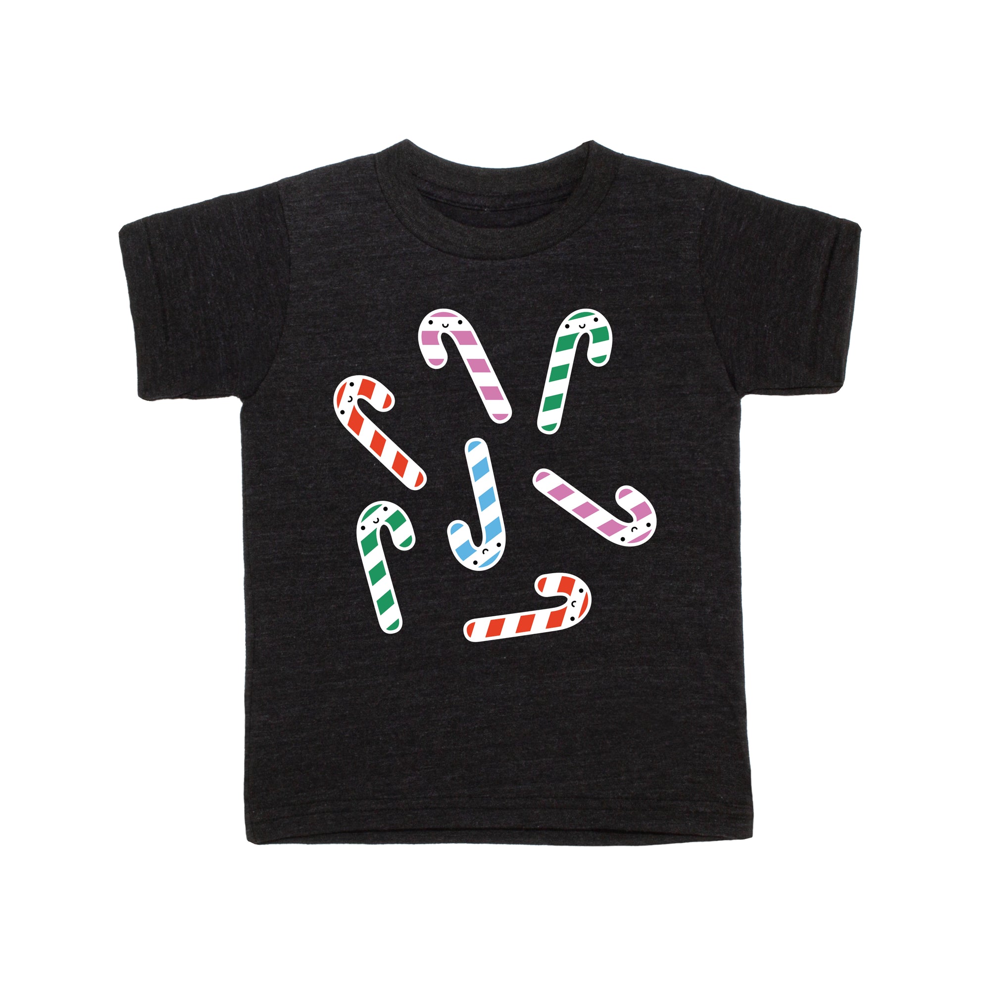 Black tee screen printed with green, red, blue, and purple smiling candy canes.