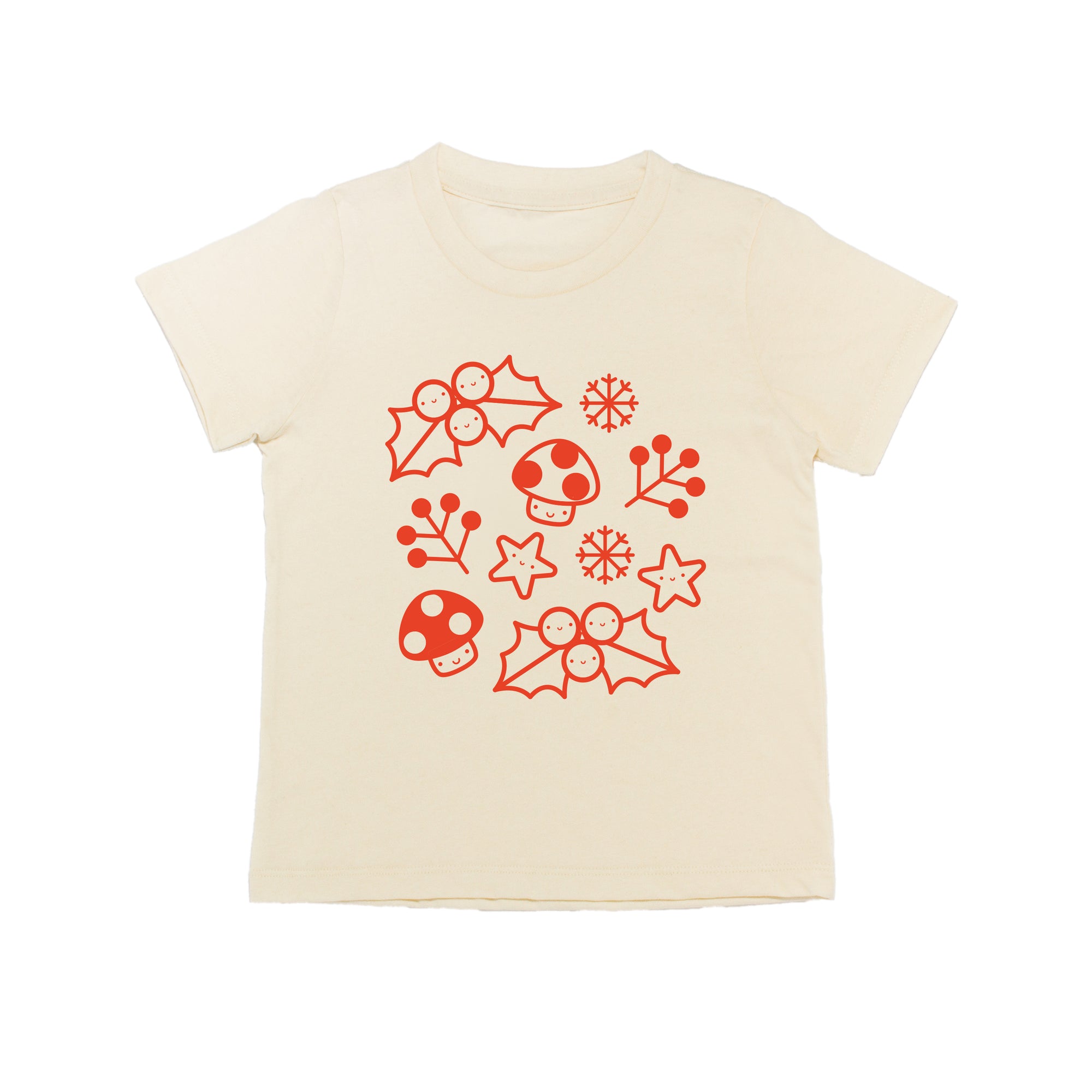 White tee screen printed with smiling mistletoe, snowflakes, mushrooms, leaves, and stars in red.