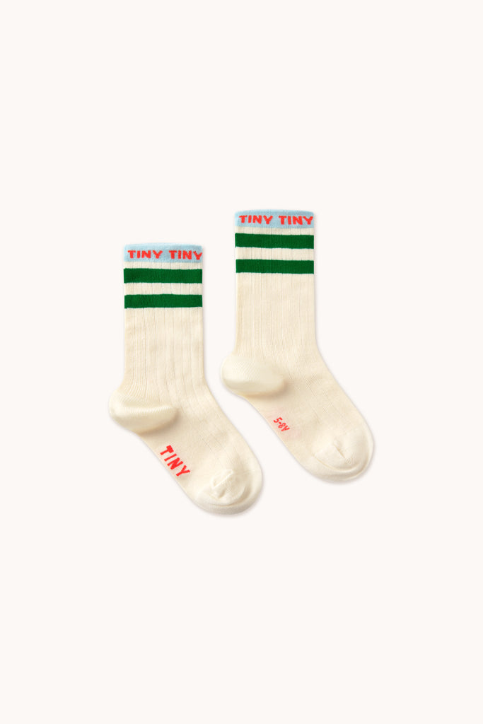 Tiny Medium Stripe Kid Socks - Cream & Emerald by Tinycottons
