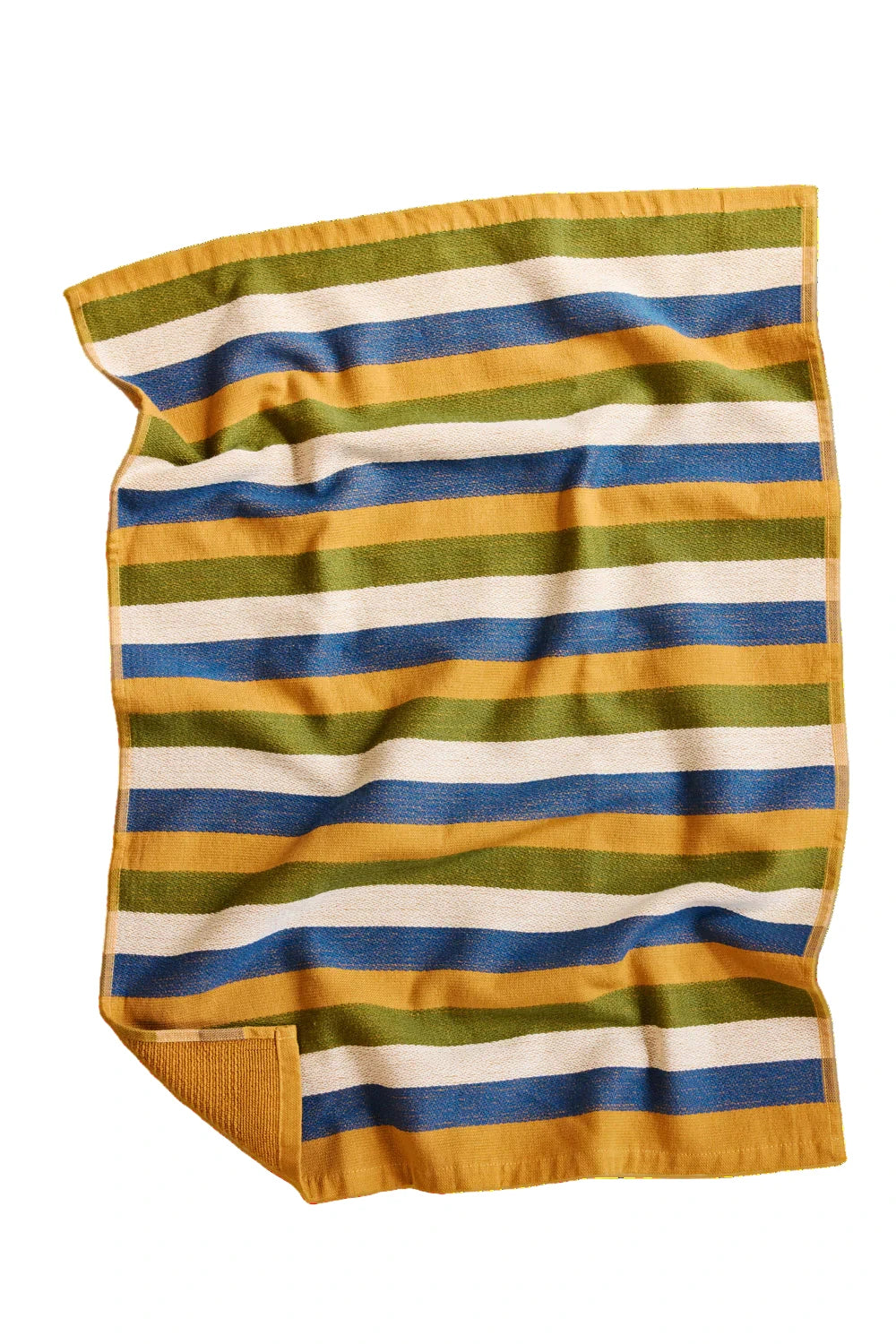 Green, white, yellow, and navy blue striped dish towel