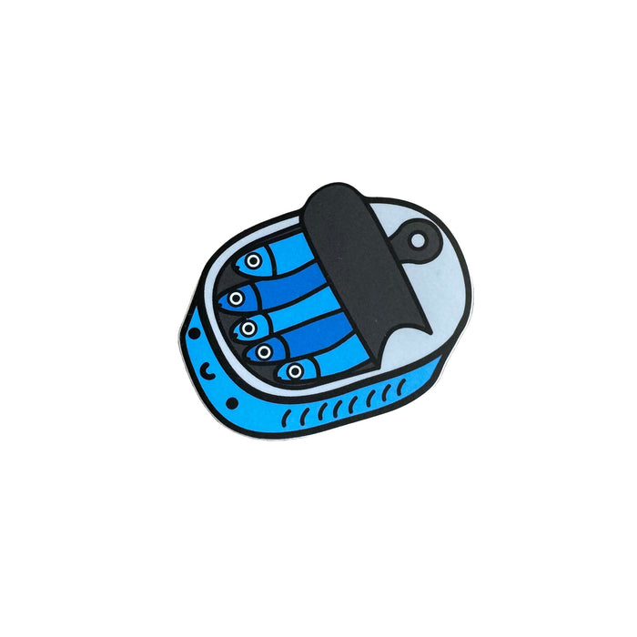 Blue happy sardine can with top peeled back with five cute sardines inside
