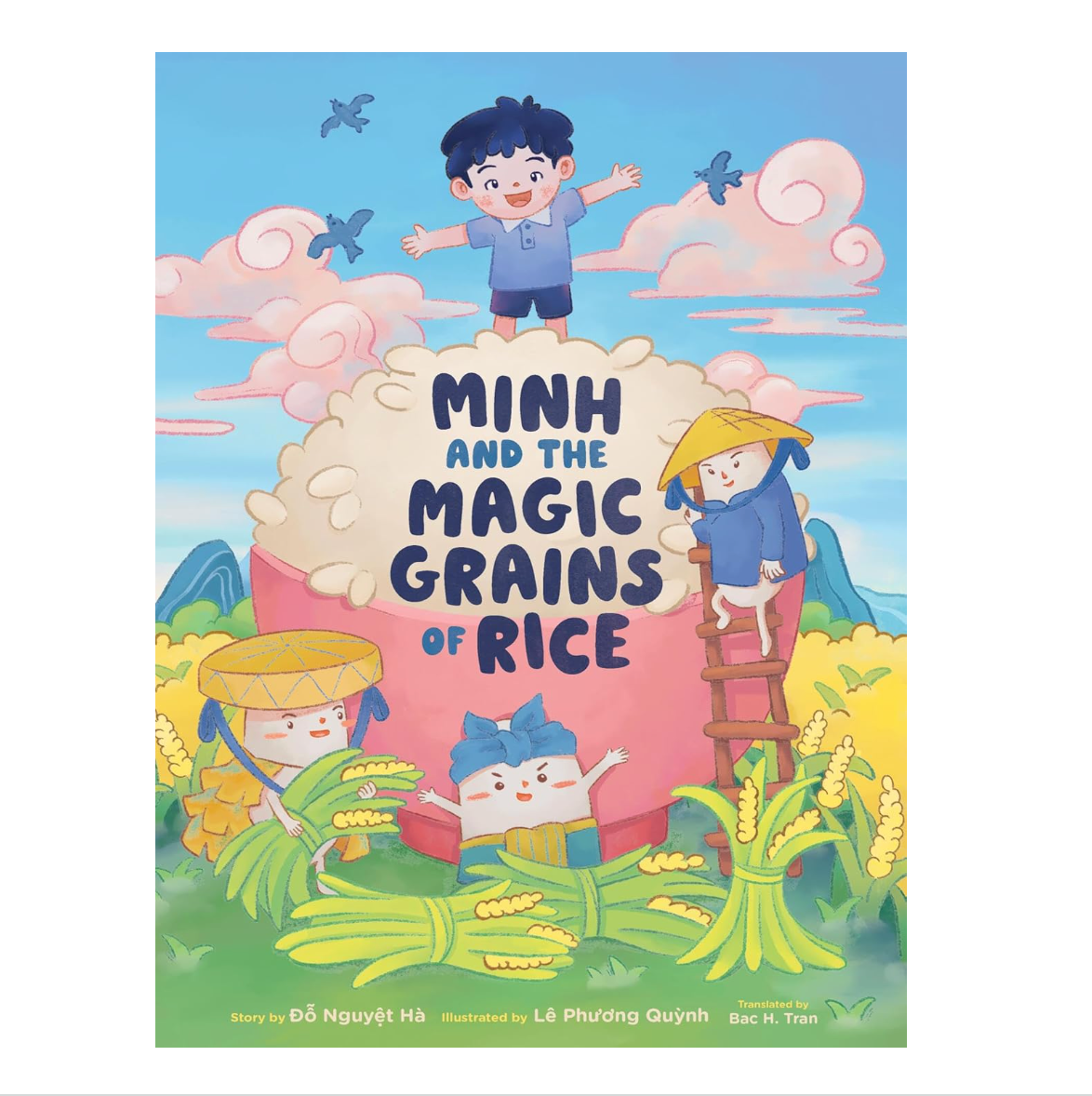 Book cover of 'Minh and the Magic Grains of Rice' with cartoon characters and a colorful background.