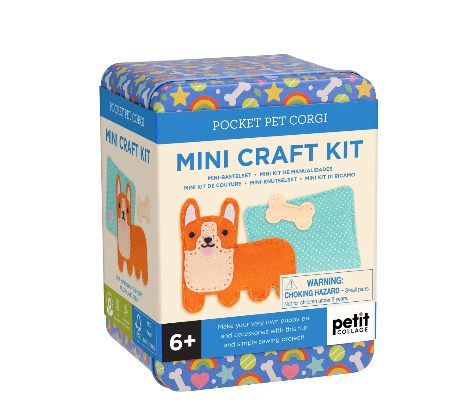Mini craft kit packaging with dog illustration on a white background