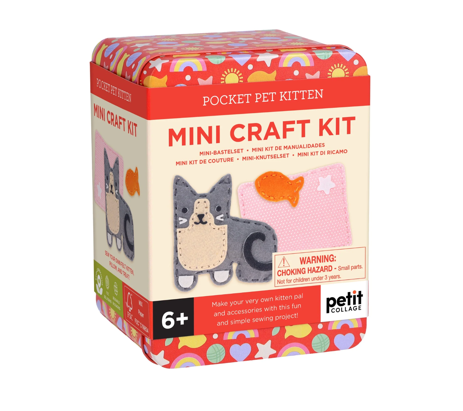 Mini craft kit for making a pocket pet kitten with colorful packaging on a white background
