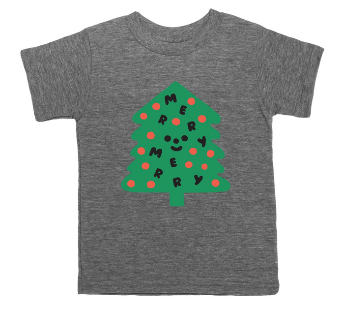 Grey tee screen printed with a green Christmas tree with red ornaments, black happy face and MERRY MERRY adorning the tree.