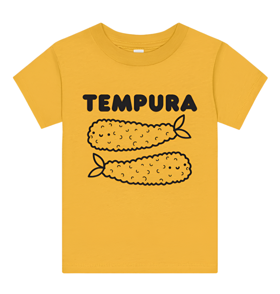 Yellow tee screen printed with black ink. Graphic includes the text TEMPURA with two smiling shrimp tempura underneath.