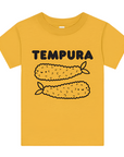 Yellow tee screen printed with black ink. Graphic includes the text TEMPURA with two smiling shrimp tempura underneath.