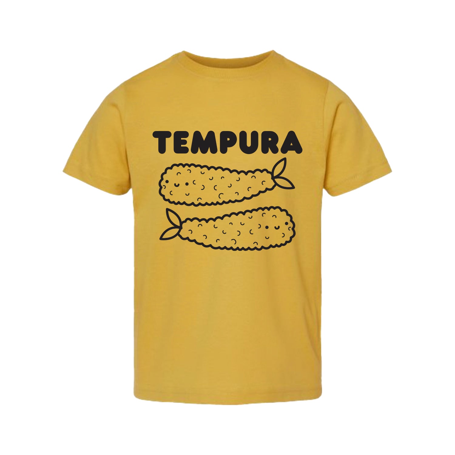 Yellow tee screen printed with black ink. Graphic includes the text TEMPURA with two smiling shrimp tempura underneath.