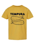Yellow tee screen printed with black ink. Graphic includes the text TEMPURA with two smiling shrimp tempura underneath.