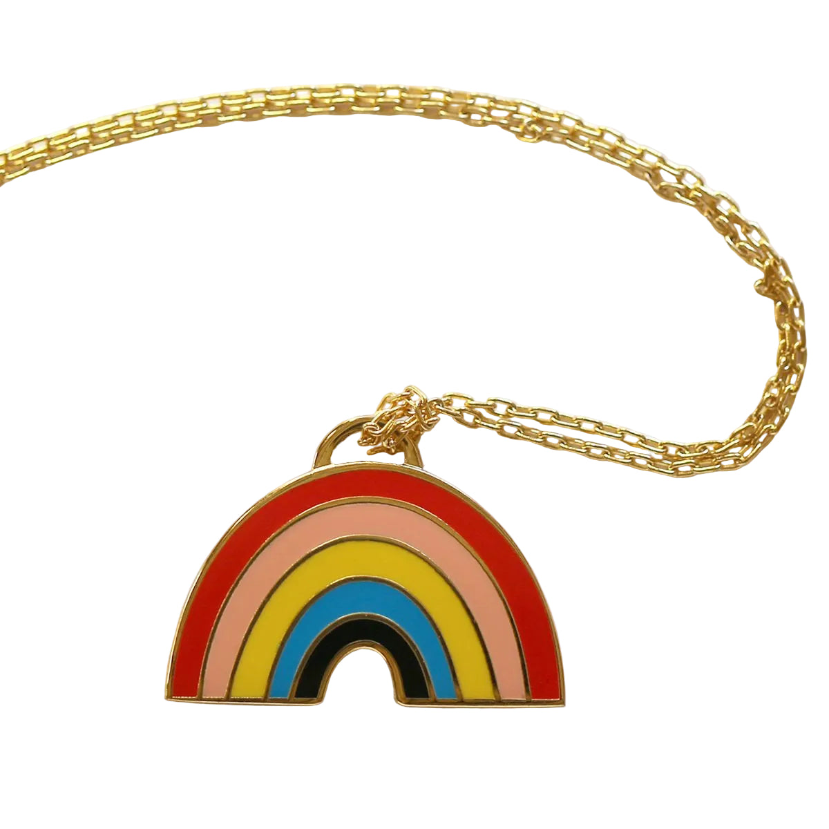 Gold chain necklace with a colorful rainbow pendant on a white background