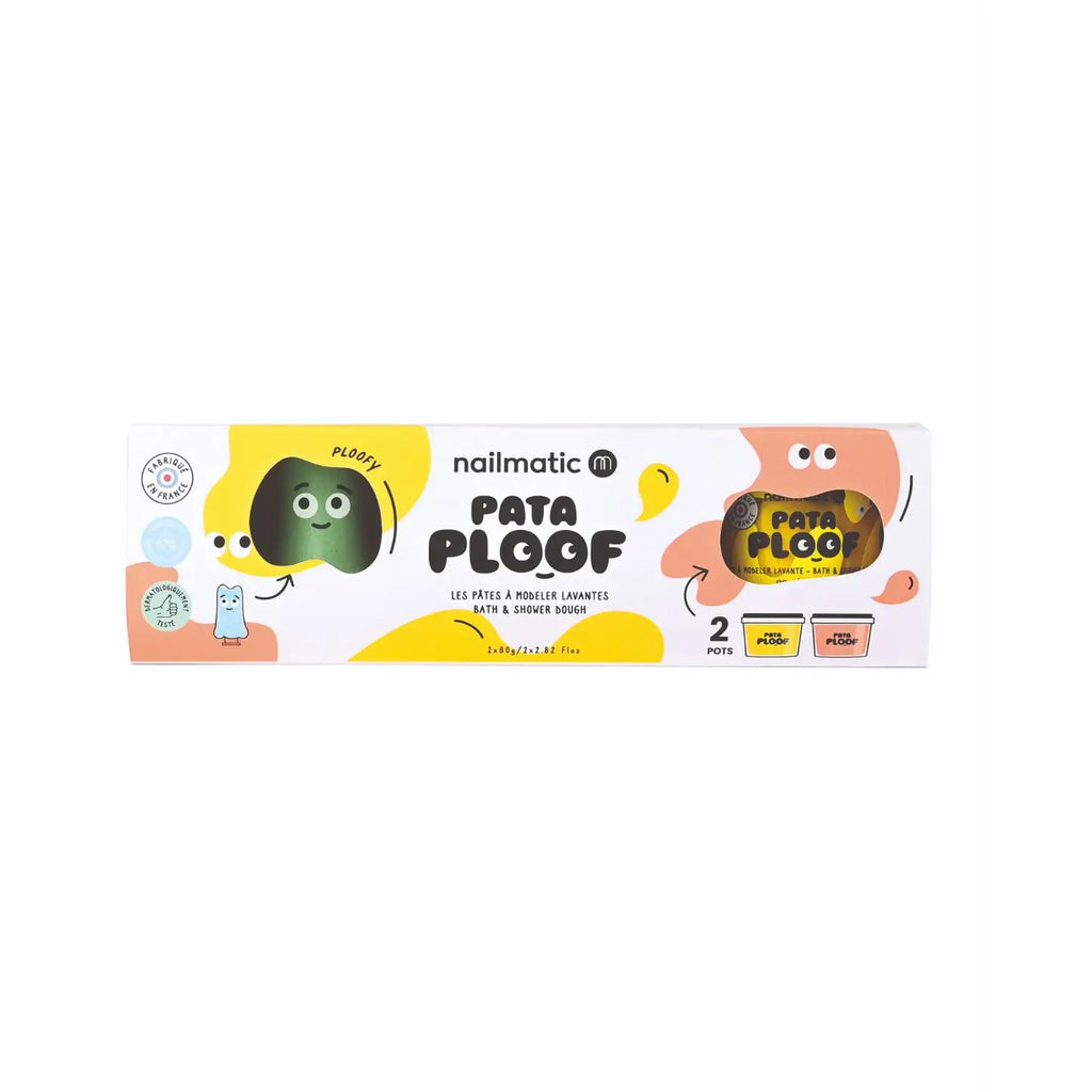 Product packaging for 'Pata Ploof', a bath and shower slime, with colorful design on a white background.