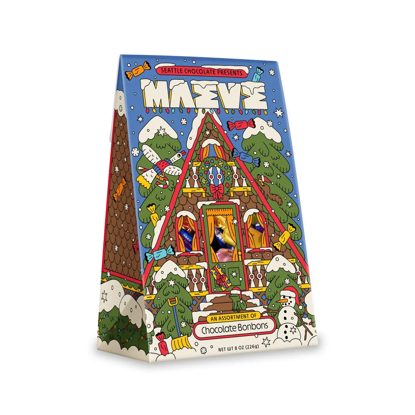 Festive chocolate package featuring a colorful, cartoon gingerbread house design with snow, trees, candy, and a playful snowman. Vibrant and whimsical.