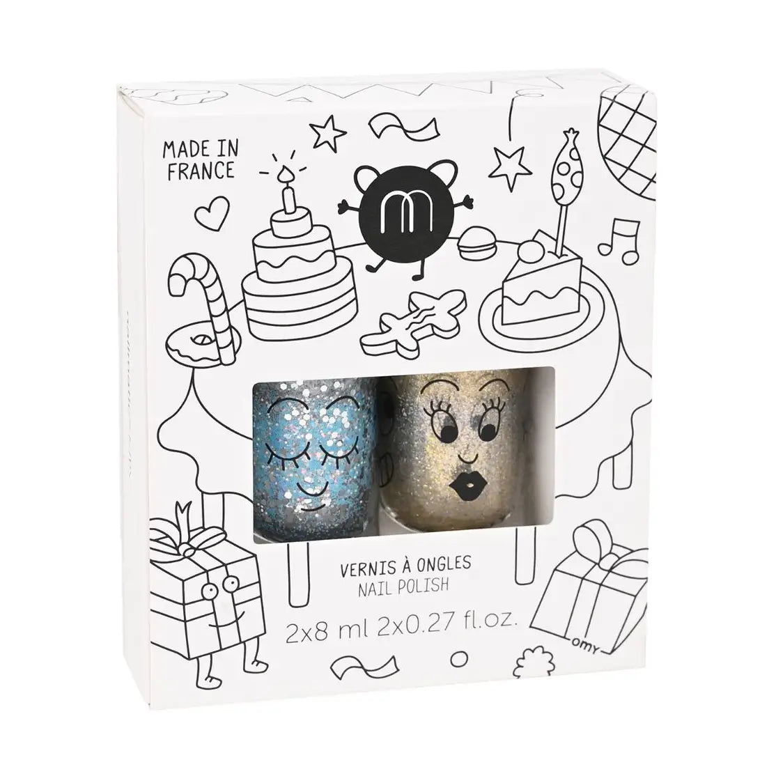 Nail polish set packaging with cartoon designs on a white background