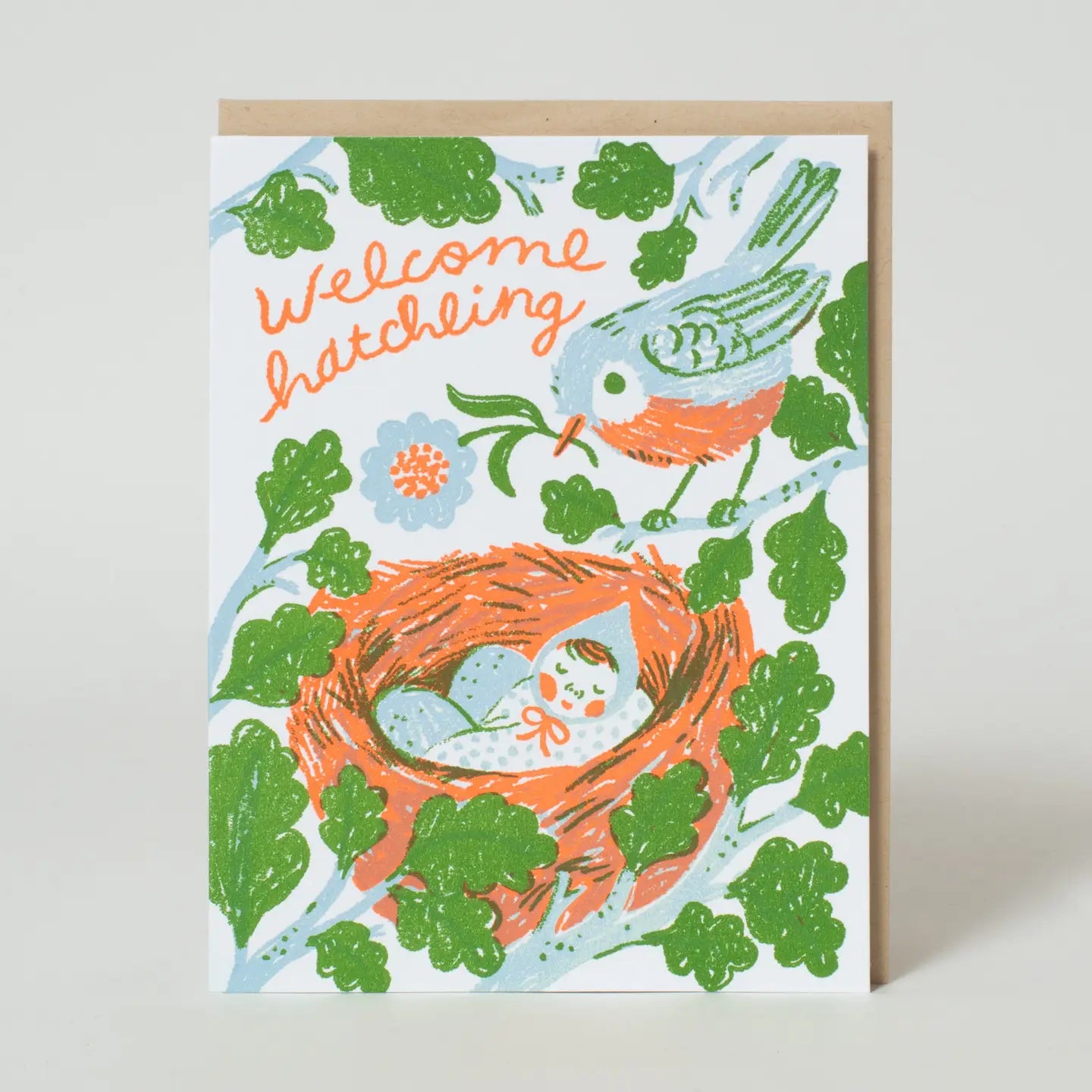 Greeting card with a bird, nest, and baby illustration on a white background