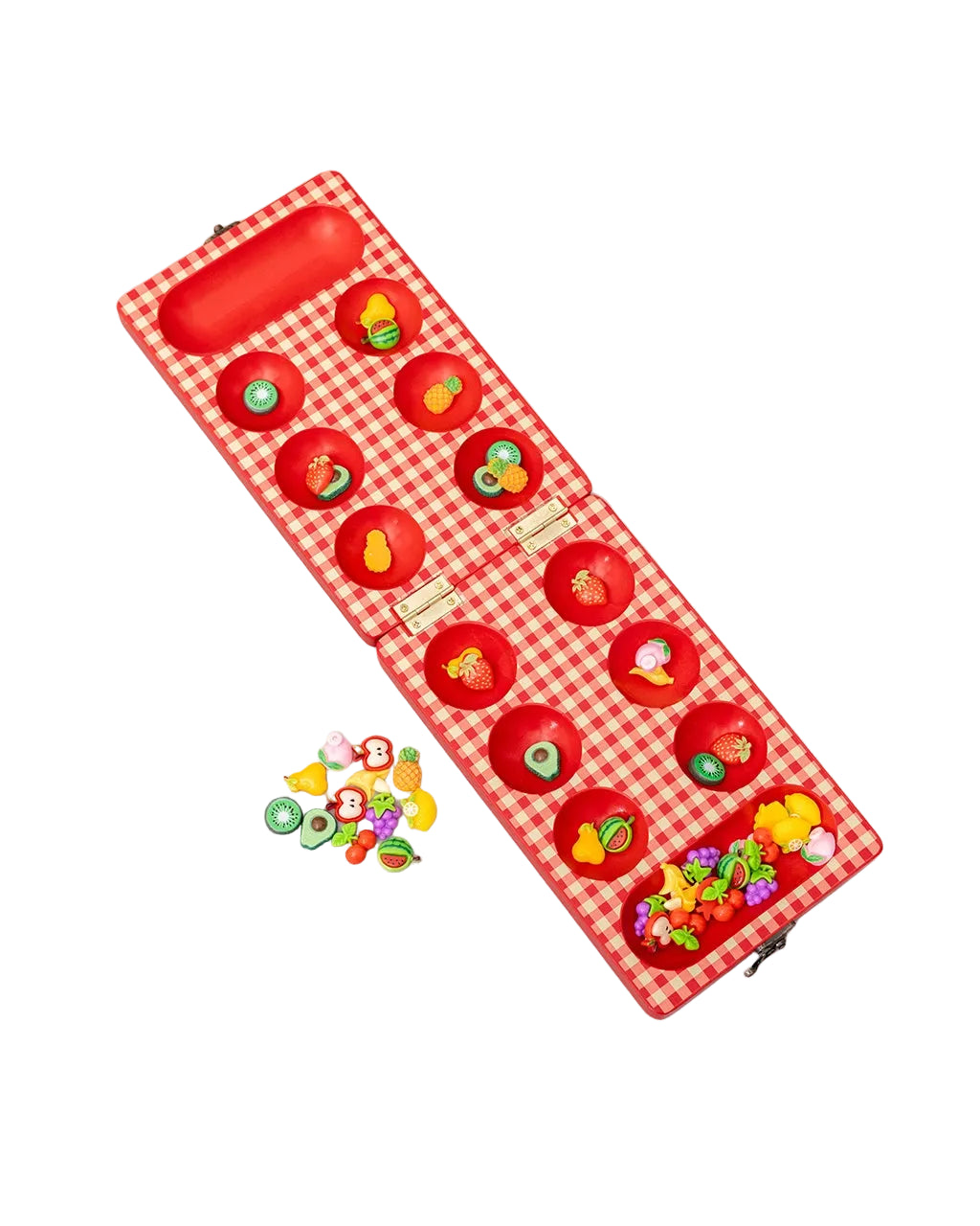 Red checkered toy set with colorful pieces on a light gray background