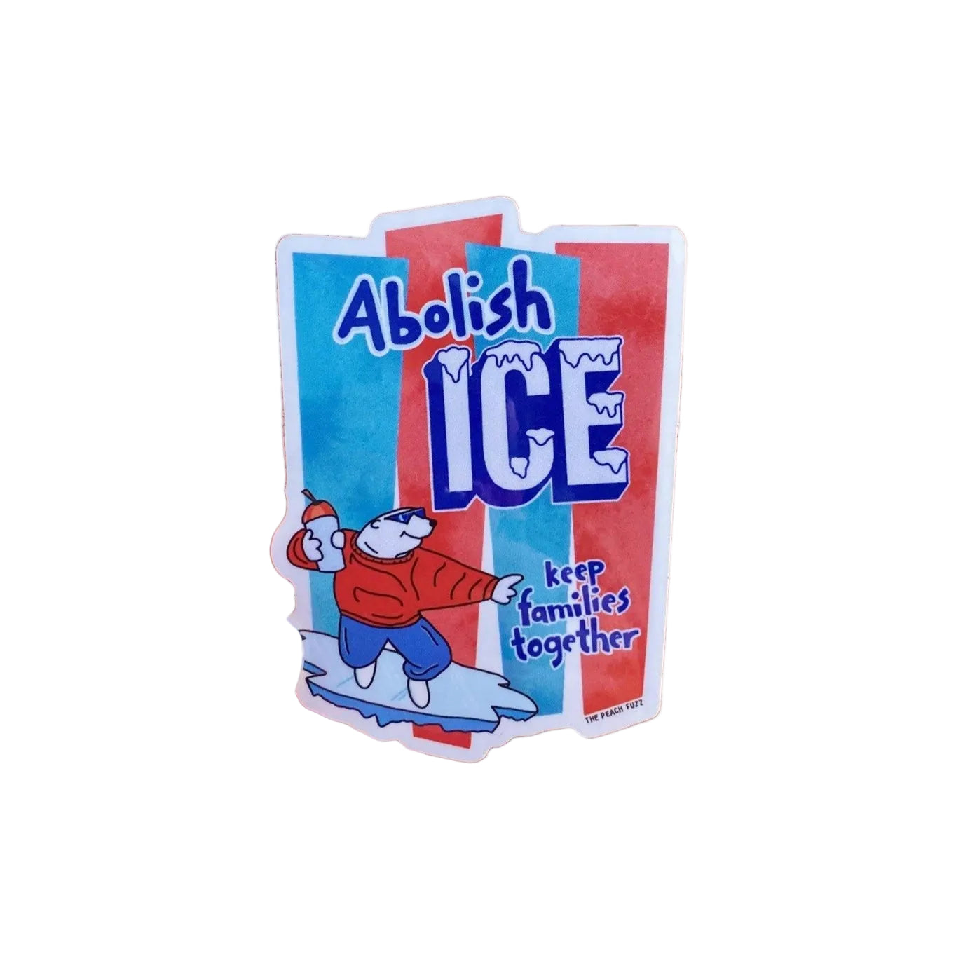 Sticker with 'Abolish ICE' text held by a hand on a pink background