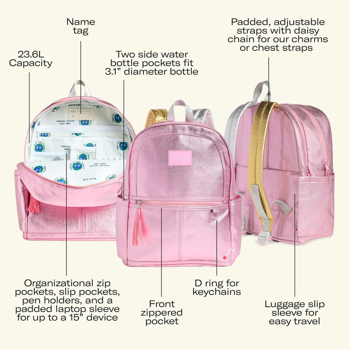 Metallic Happy Fuzzy Heart Kane Double Pocket Backpack