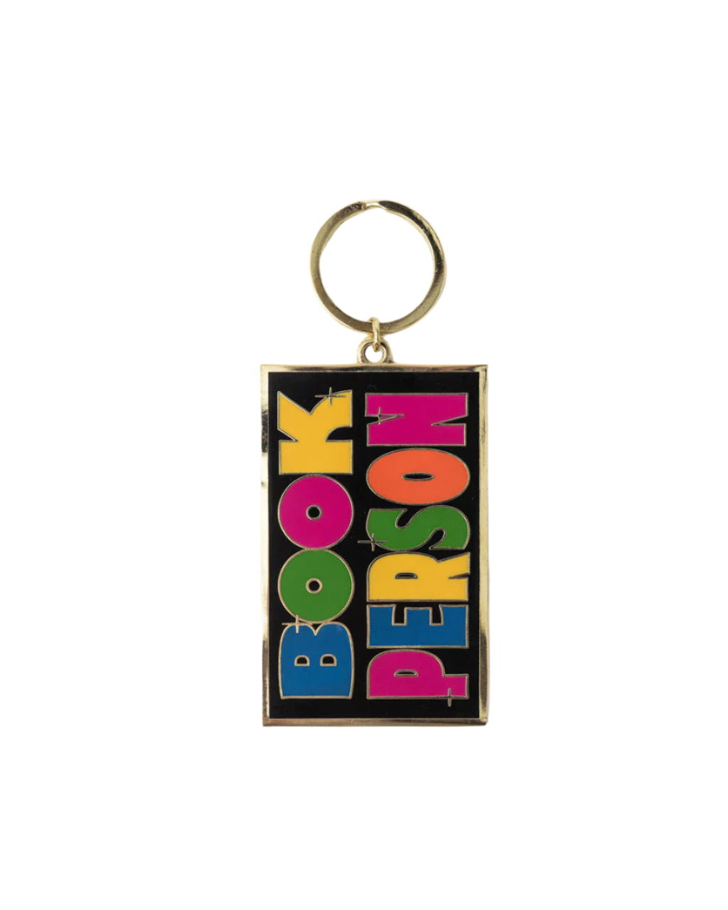 Keychain with 'BOOK PERSON' text in colorful letters on a black background
