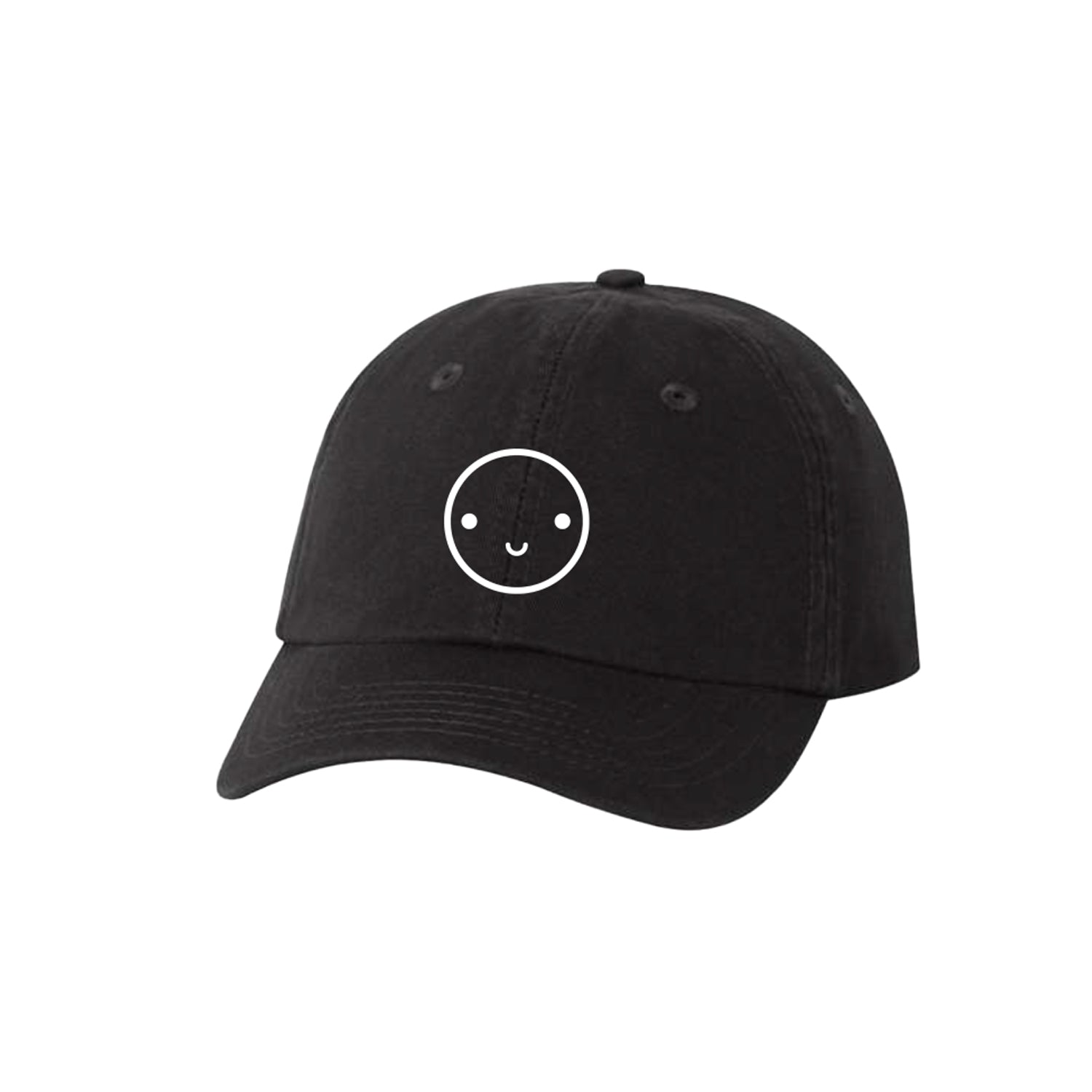 Black baseball hat with white embroidered smiley face.