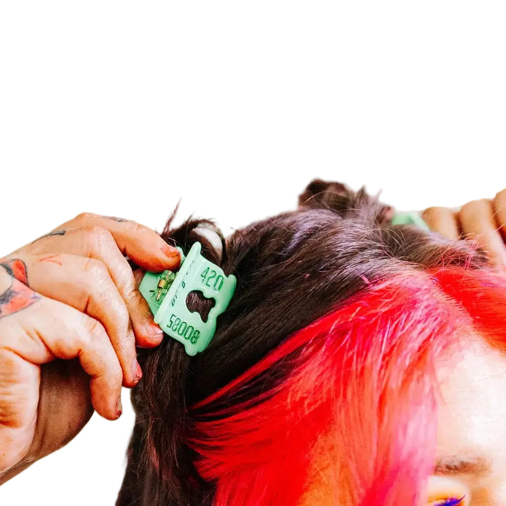 Mini green bread clip hair claw shown clipped in a women's space buns hairstyle.