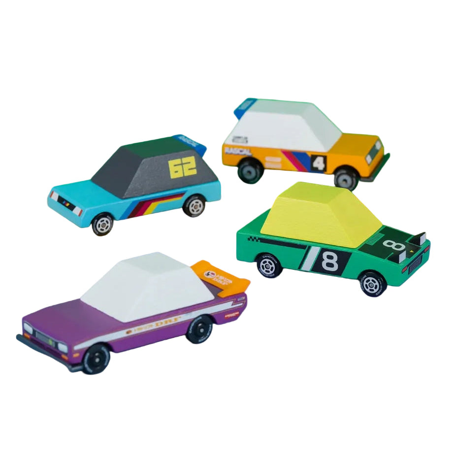 Four colorful toy cars on a green and blue gradient background