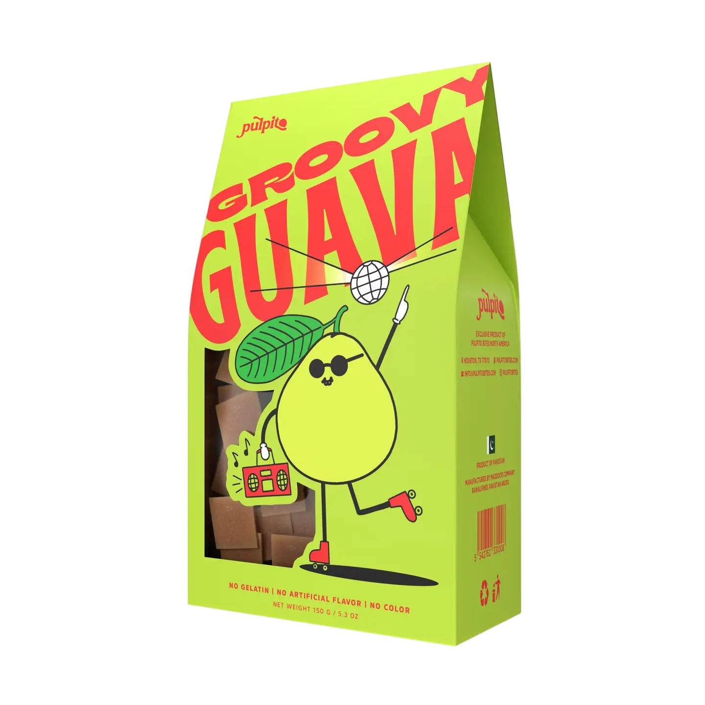 Bright green box with "Groovy Guava" in bold red. Cartoon guava wearing sunglasses and roller skates, holding a boombox, conveys fun and playful vibes.