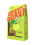 Bright green box with "Groovy Guava" in bold red. Cartoon guava wearing sunglasses and roller skates, holding a boombox, conveys fun and playful vibes.