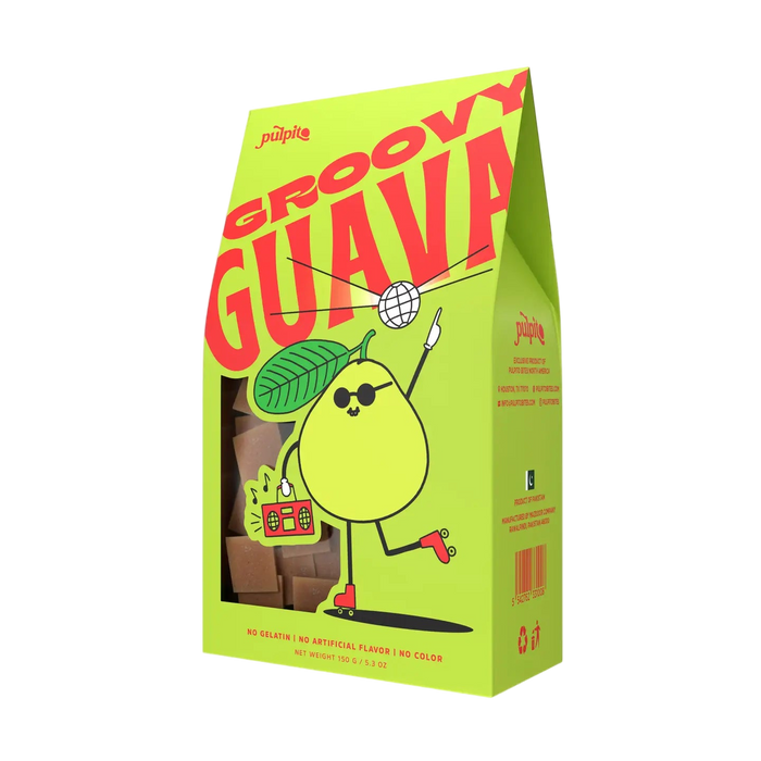 Bright green box with "Groovy Guava" in bold red. Cartoon guava wearing sunglasses and roller skates, holding a boombox, conveys fun and playful vibes.