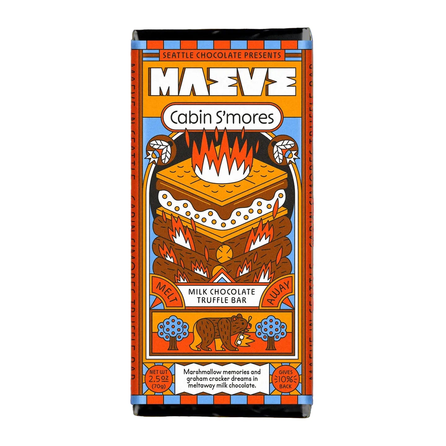 Colorful chocolate bar packaging featuring bold geometric designs. An illustrated s'more with a campfire is central, with a bear and trees below. Text reads "Cabin S'mores" and "Milk Chocolate Truffle Bar." The style is playful and nostalgic.