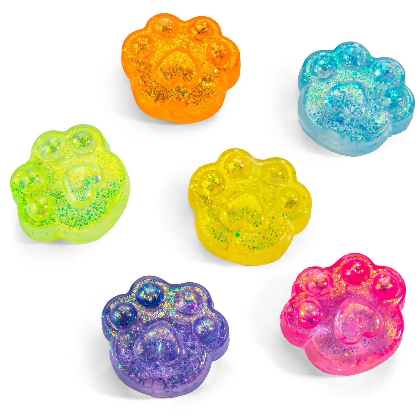 Six cat paw shaped sensory squishy toys in colors Orange Geen Yellow Blue Purple and Pin.