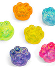 Six cat paw shaped sensory squishy toys in colors Orange Geen Yellow Blue Purple and Pin.