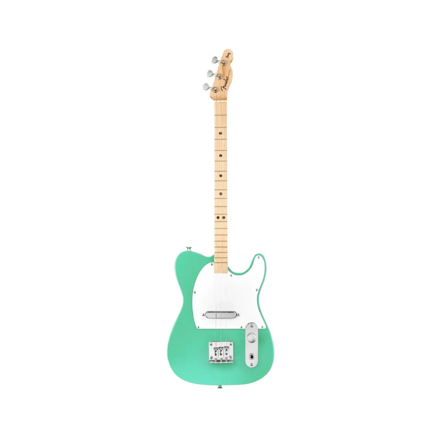 Green electric guitar with a white pickguard on a white background