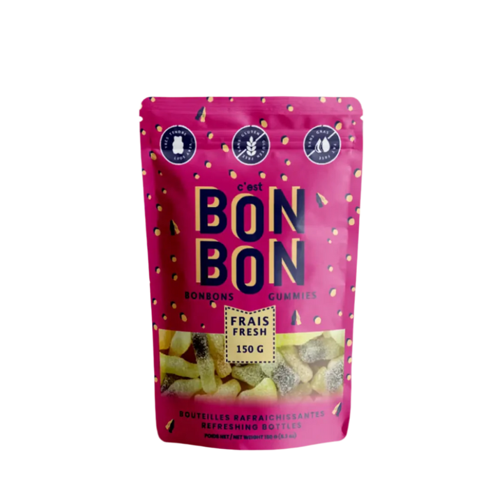 Pink bag of colorful gummy candy with Cest Bon Bon Fresh 150 gram Refreshing Bottles Mix written on the front.