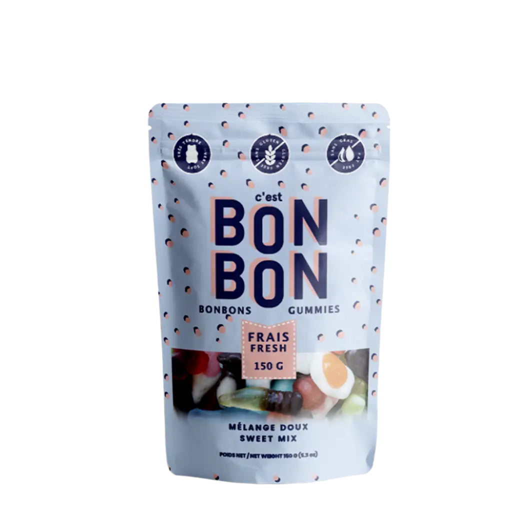 Blue bag of colorful gummy candy with Cest Bon Bon Fresh 150 gram Sweet Mix written on the front.