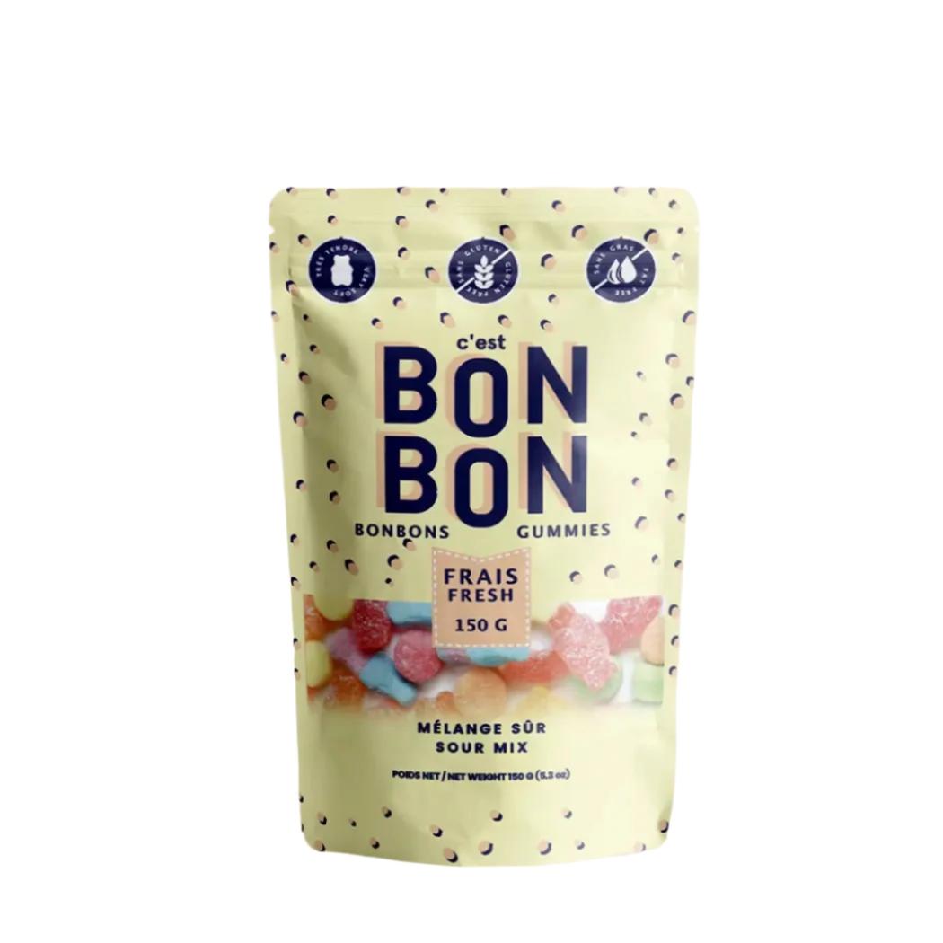 Yellow bag of colorful gummy candy with Cest Bon Bon Fresh 150 gram Sour Mix written on the front.