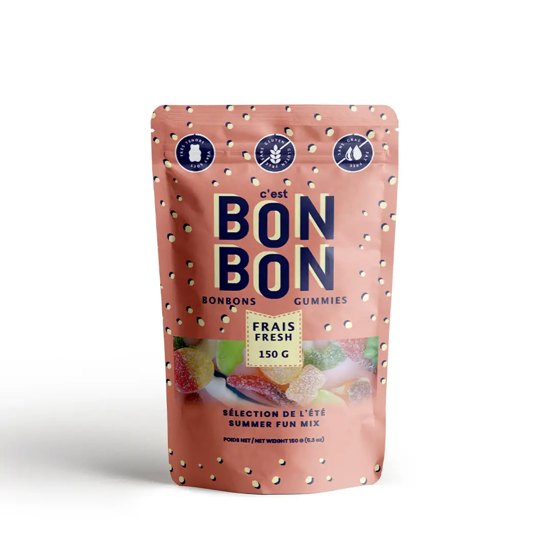 Orange bag of colorful gummy candy with Cest Bon Bon Fresh 150 gram Summer Fun Mix written on the front.
