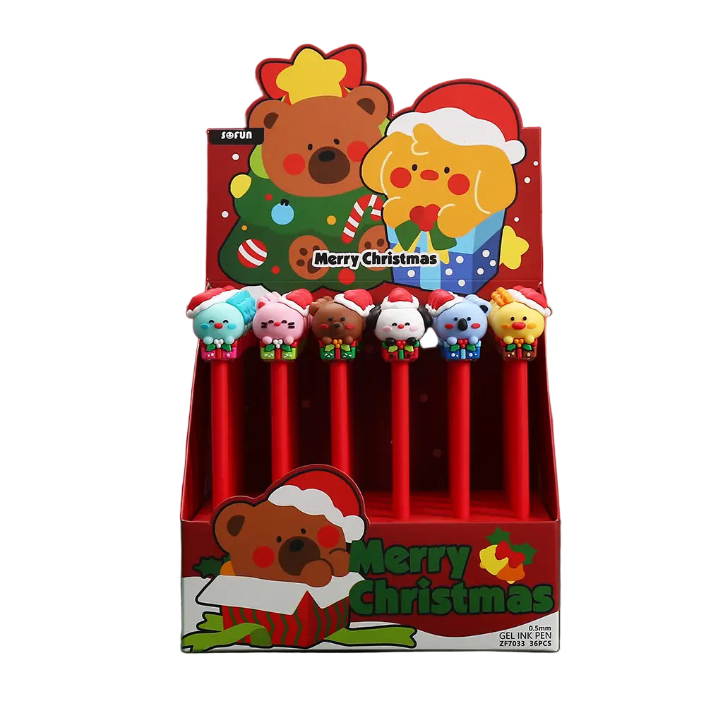 Display of Christmas-themed pens with cartoon characters in a festive box.