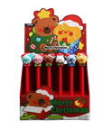 Display of Christmas-themed pens with cartoon characters in a festive box.