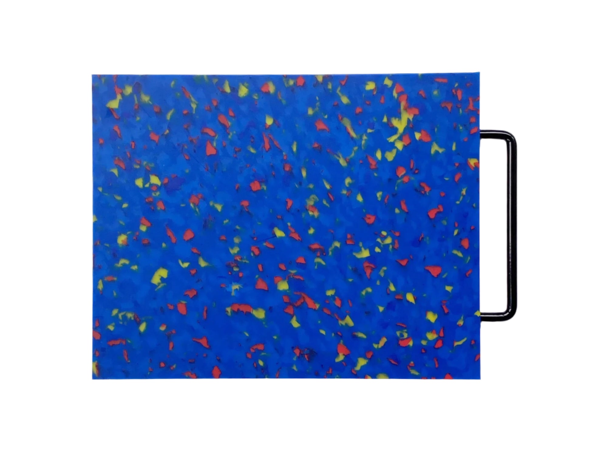 Cutting board blue with yellow and red speckles with a black handle.