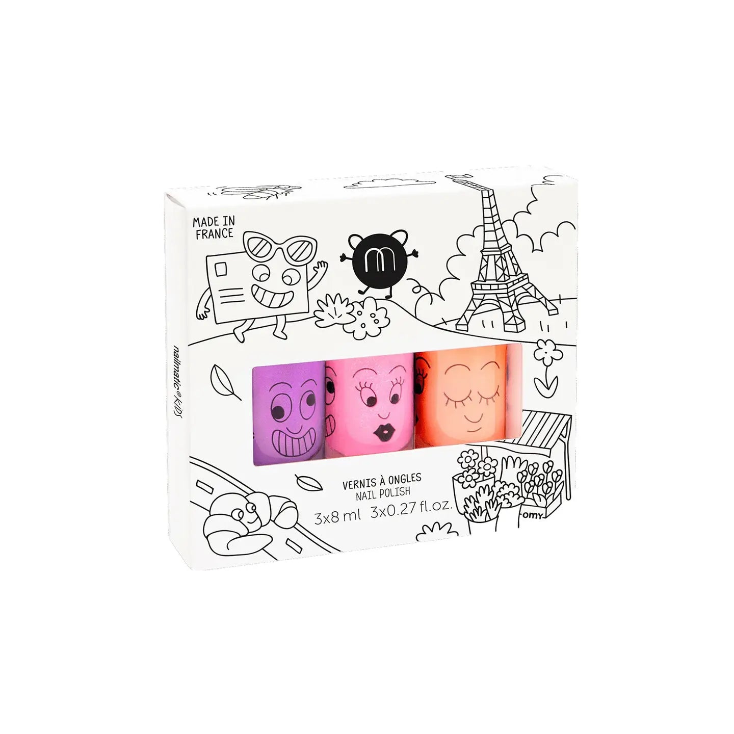A set of three water-based nail polishes in pearly colors, packaged in a box with a black and white illustration of Paris.